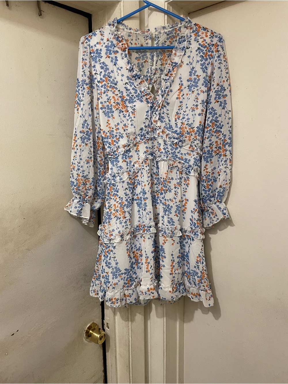 Women’s Size Small Blue Orange Floral Ruffle Cutout Back Long Sleeve Mini Dress